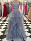 Two Pieces Off Shoulder Grey Beaded Custom Long Evening Prom Dresses, 17712