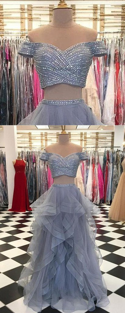 Two Pieces Off Shoulder Grey Beaded Custom Long Evening Prom Dresses, 17712