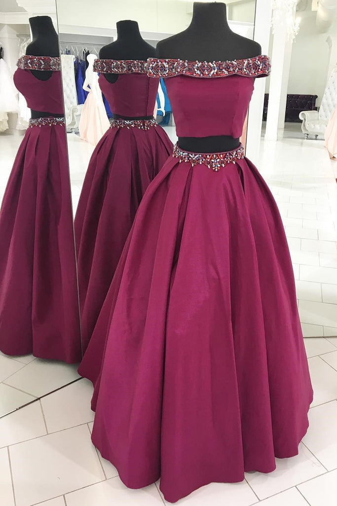 Two Pieces Off Shoulder Purple Beaded A-line Cheap Evening Prom Dresses, Sweet 16 Dresses, 17497
