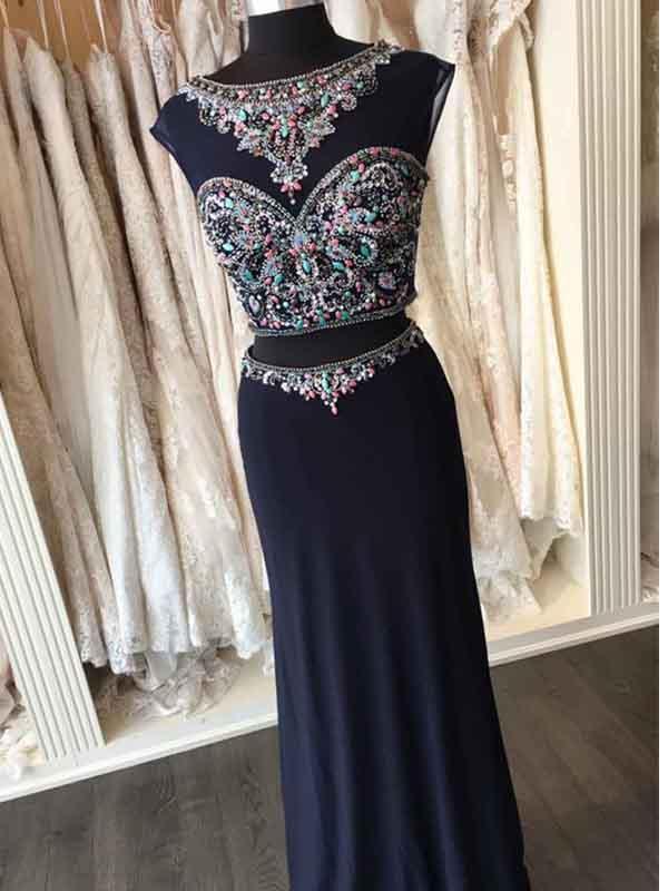 Two Pieces Open Back Navy Beaded Mermaid Long Evening Prom Dresses, 17663