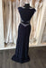 Two Pieces Open Back Navy Beaded Mermaid Long Evening Prom Dresses, 17663