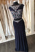 Two Pieces Open Back Navy Beaded Mermaid Long Evening Prom Dresses, 17663