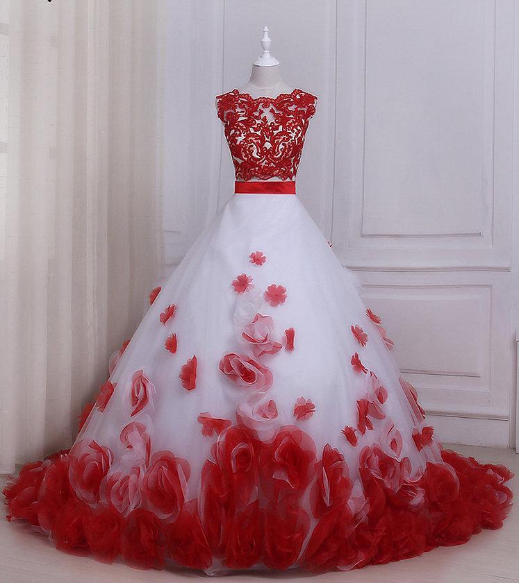 Two Pieces Red Lace Hand Made Flower A line Long Evening Prom Dresses, 17556