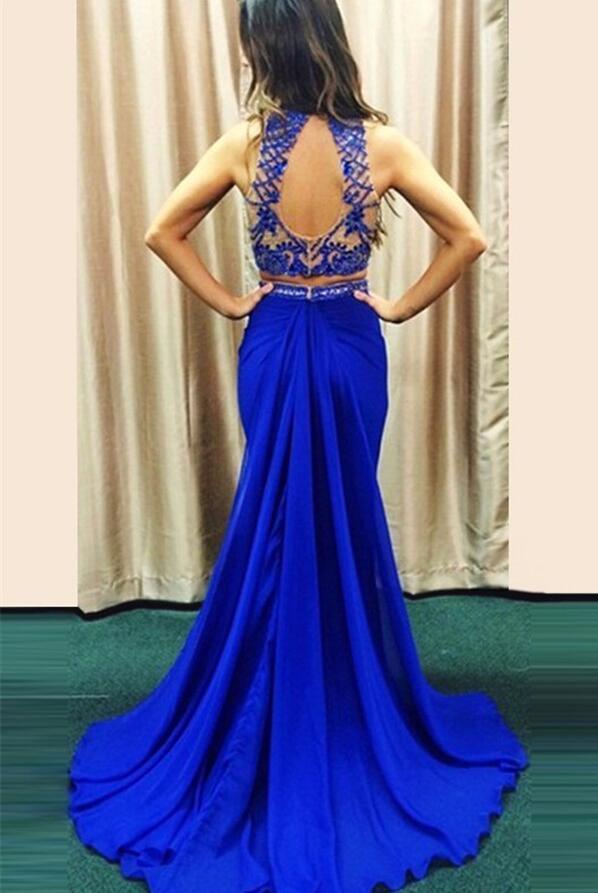 Two Pieces Royal Blue Mermaid Evening Prom Dresses, 2017 Long Sexy Halter Party Prom Dress, Custom Long Prom Dress, Cheap Party Prom Dress, Formal Prom Dress, 17032