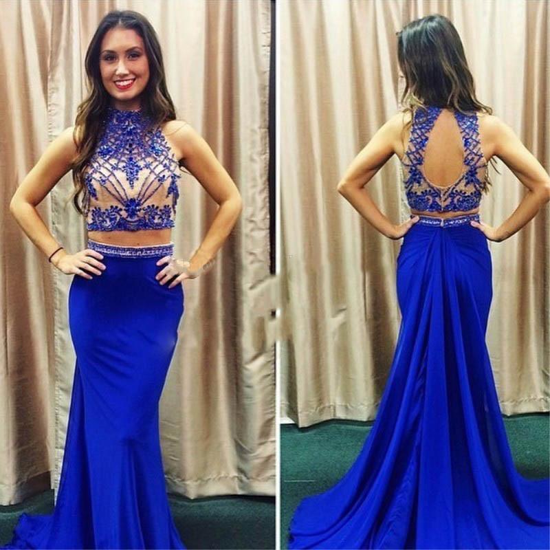 Two Pieces Royal Blue Open Back Popular Cheap Long Prom Dress, WG547