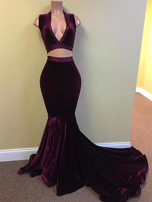 Two Pieces V Neck Dark Purple Mermaid Long Evening Prom Dresses, 17503