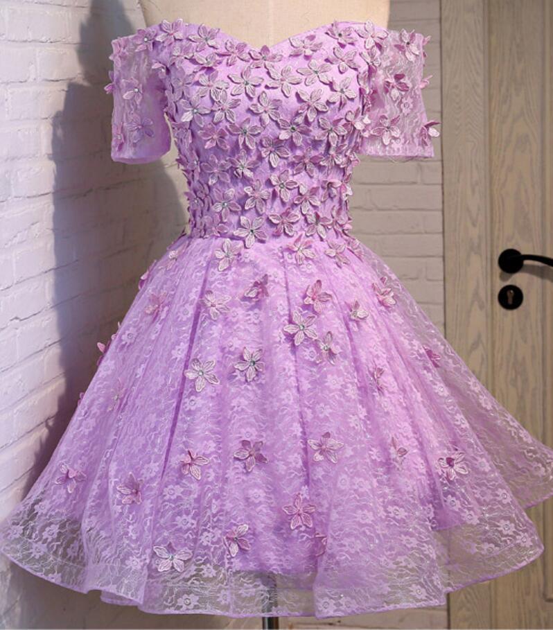 Two Straps Lilac Lace Beaded See Through Homecoming Prom Dresses, Affordable Short Party Prom Dresses, Perfect Homecoming Dresses, CM299