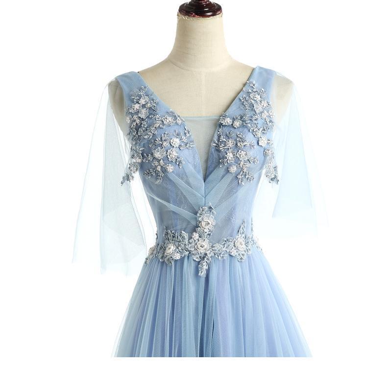 Two Straps V Neckline Light Blue Lace Beaded Unique Long Evening Prom Dresses, Popular 2022 Party Prom Dresses, Custom Long Prom Dresses, Cheap Formal Prom Dresses, 17221