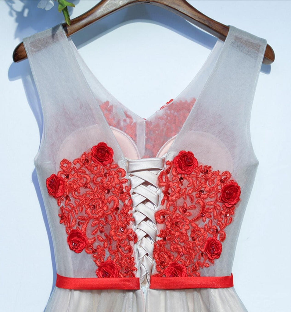 Two Straps V Neckline Red Lace Tulle Homecoming Prom Dresses, Affordable Corset Back Short Party Prom Dresses, Perfect Homecoming Dresses, CM243
