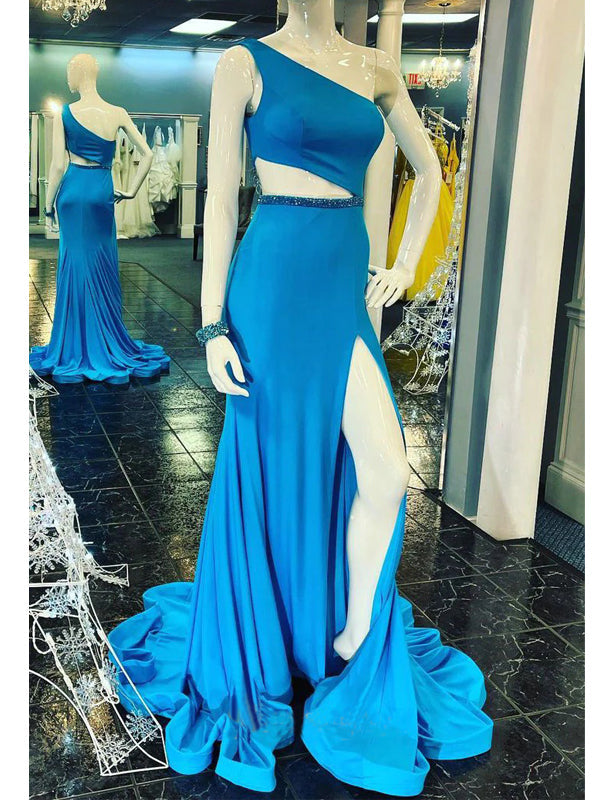 Unique Blue Mermaid One Shoulder High Slit Long Prom Dresses,12865