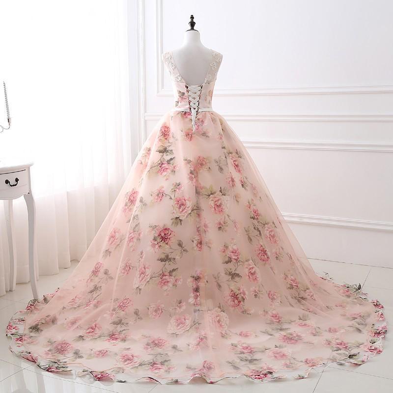 Unique Flower Fabric A-line Bateau Lace Long Evening Prom Dresses, Sparkly Sweet 16 Dresses, 18343