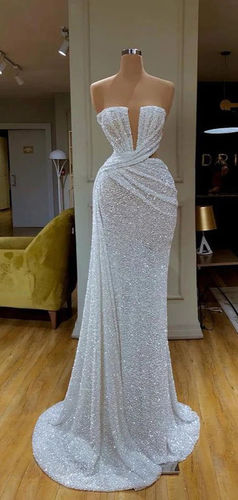 Unique Ivory Mermaid Deep V-neck Cheap Long Prom Dresses,12813