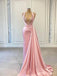 Unique Mermaid Pink Halter V-neck Cheap Long Prom Dresses Online,12487