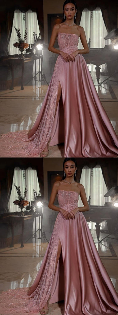 Unique Pink A-line Strapless High Slit Long Prom Dresses Online,12838