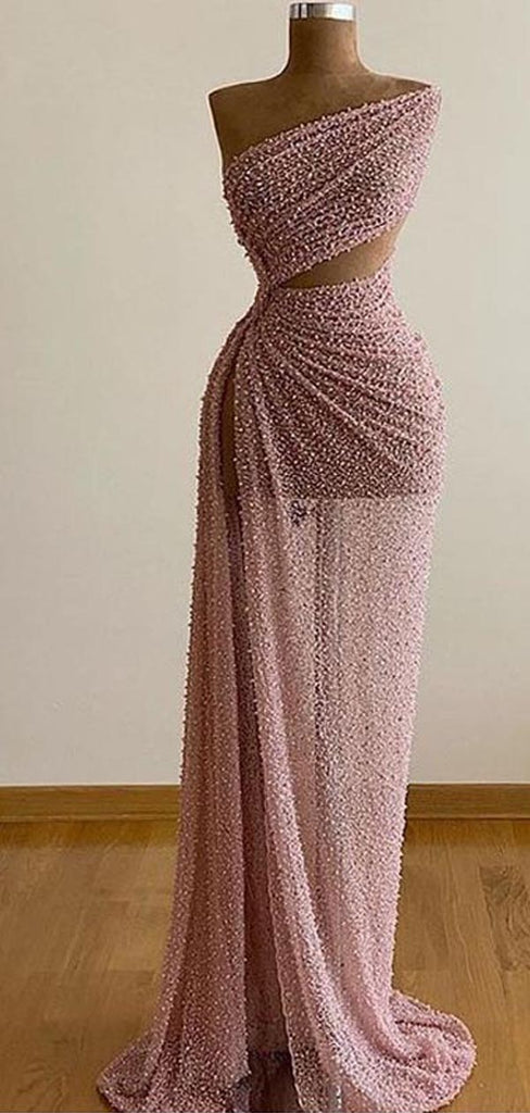 Unique Pink Sheath High Slit One Shoulder Maxi Long Prom Dresses,Evening Dresses,13022