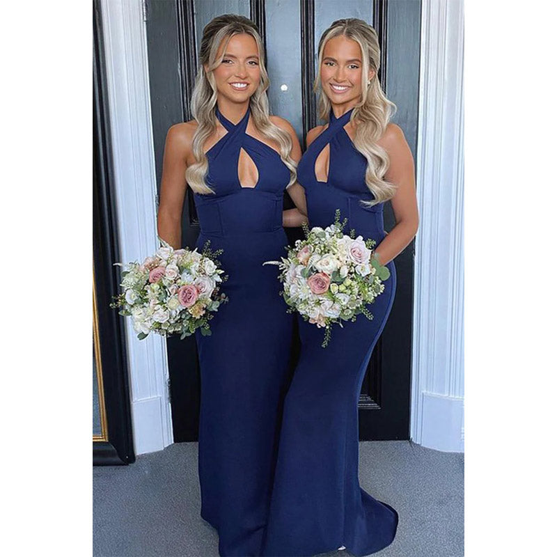 Unique Royal Blue Mermaid Halter Cheap Long Bridesmaid Dresses,WG1289