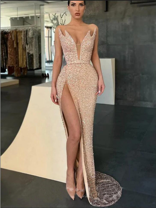 Unique Sexy Mermaid Deep V-neck High Slit Long Prom Dresses,12769