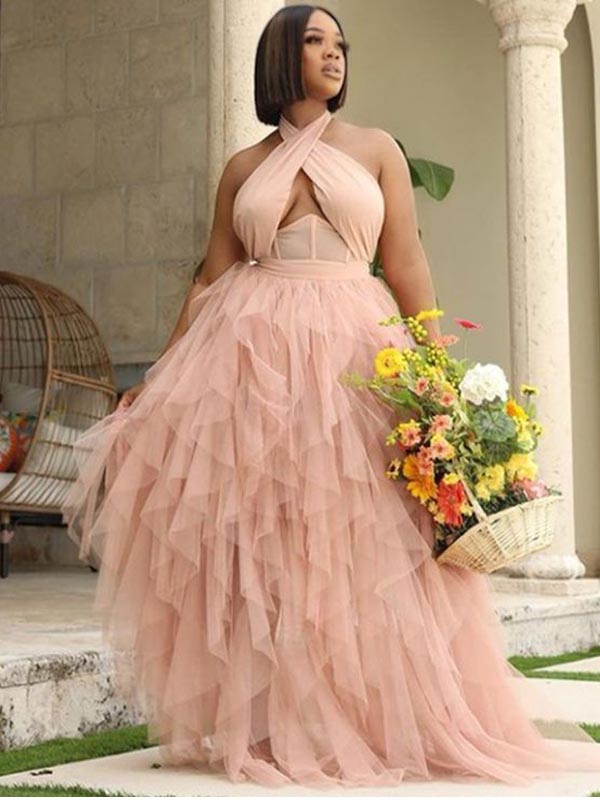 Unique Sexy Pink A-line Halter Maxi Long Party Prom Dresses Online,13095