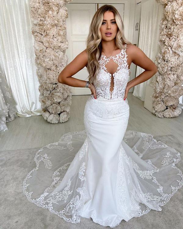 Unique Sleeveless Long Mermaid Backless Handmade Lace Wedding Dresses,WD730