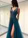 Unique Teal V Neck Side Slit A-line Long Evening Prom Dresses, Cheap Sweet 16 Dresses, 18350