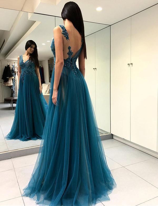 Unique Teal V Neck Side Slit A-line Long Evening Prom Dresses, Cheap Sweet 16 Dresses, 18350