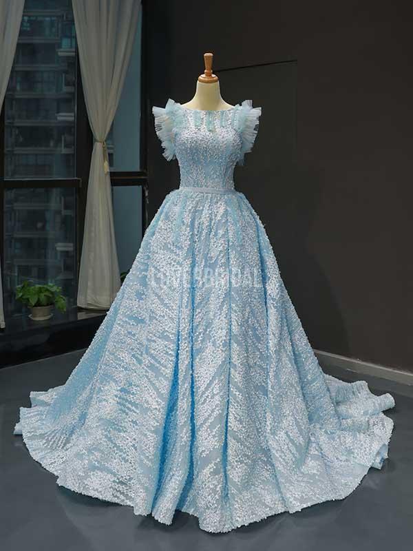 Unique Tiffany Blue A-line Ruffle Long Evening Prom Dresses, Evening Party Prom Dresses, 12235