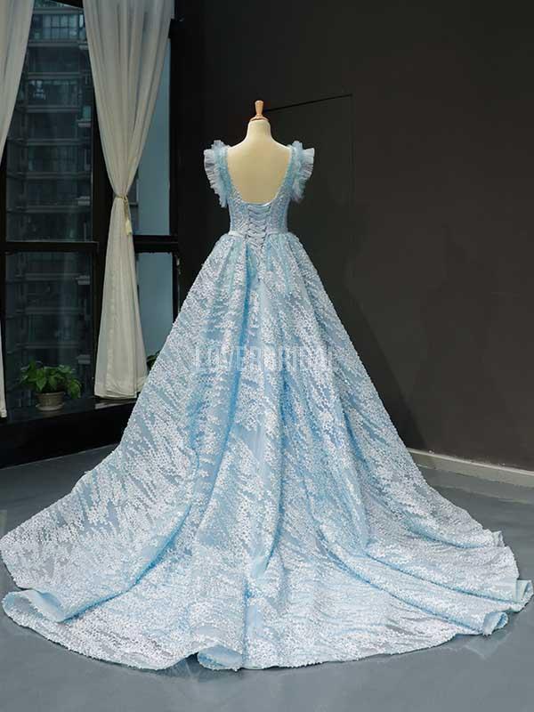 Unique Tiffany Blue A-line Ruffle Long Evening Prom Dresses, Evening Party Prom Dresses, 12235