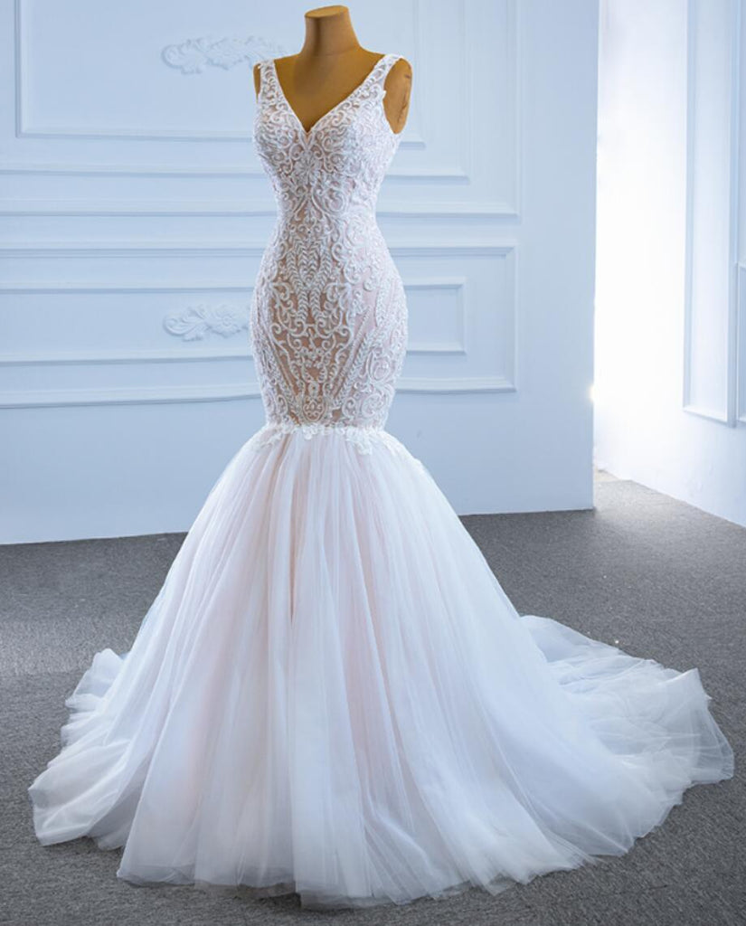 Unique V Neck Lace Mermaid Wedding Dresses, Cheap Wedding Gown, WD722
