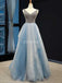 Unique V neck Ruffle Blue Long Evening Prom Dresses, Evening Party Prom Dresses, 12229