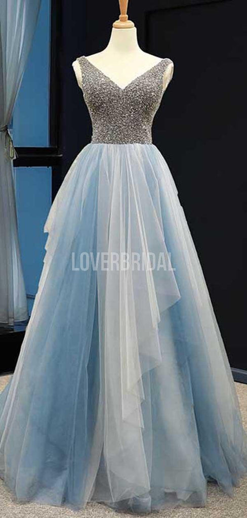 Unique V neck Ruffle Blue Long Evening Prom Dresses, Evening Party Prom Dresses, 12229