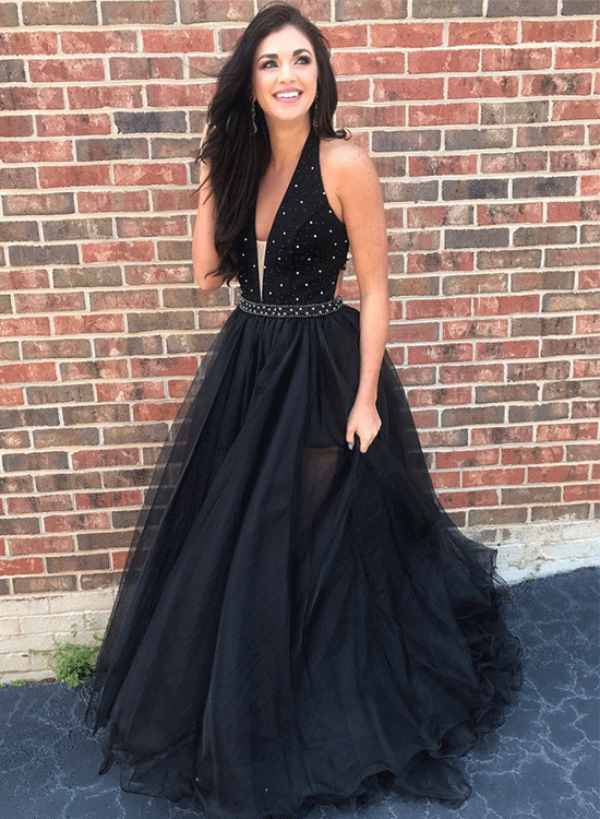 V Neck A line Black Rhinestone  Tulle Cheap Evening Prom Dresses, Sweet 16 Dresses, 18300