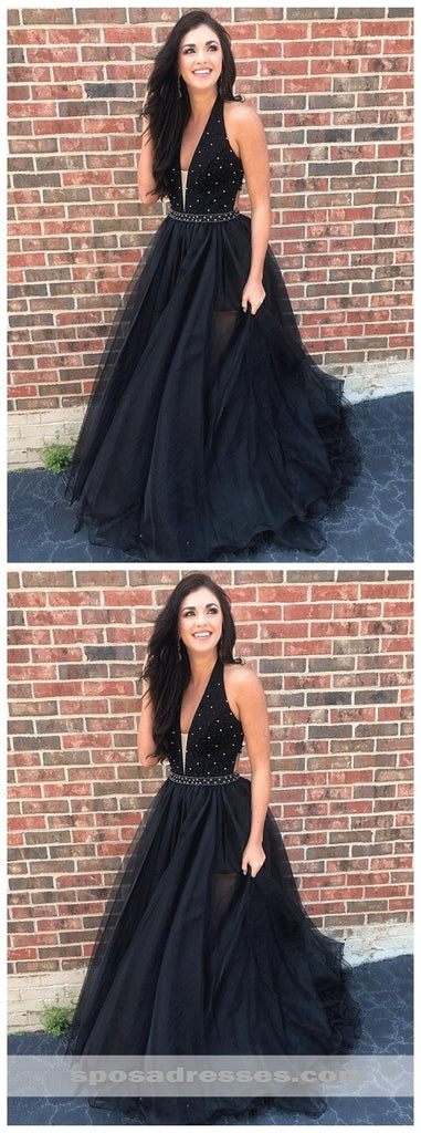 V Neck A line Black Rhinestone  Tulle Cheap Evening Prom Dresses, Sweet 16 Dresses, 18300