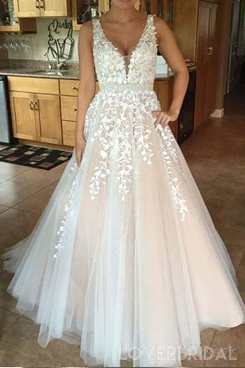 V Neck A-line Lace Cheap Long Evening Prom Dresses, Cheap Custom Sweet 16 Dresses, 18534