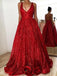 V Neck Backless Sparkly Red A-line Long Evening Prom Dresses, 17666