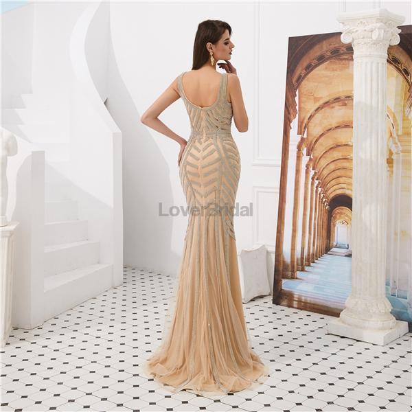 V Neck Beaded Mermaid Sexy Evening Prom Dresses, Evening Party Prom Dresses, 12085