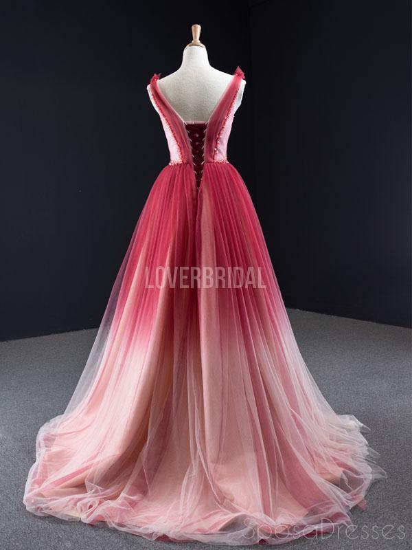 V Neck Beaded Red Ombre Long Evening Prom Dresses, Evening Party Prom Dresses, 12260