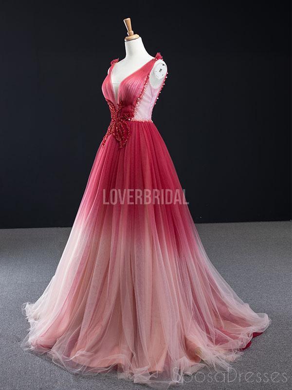 V Neck Beaded Red Ombre Long Evening Prom Dresses, Evening Party Prom Dresses, 12260