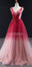 V Neck Beaded Red Ombre Long Evening Prom Dresses, Evening Party Prom Dresses, 12260