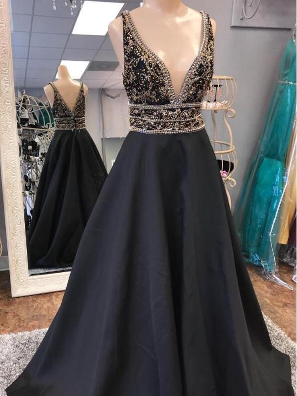 V Neck Beaded Rhinestone A-line Long Evening Prom Dresses, 17572