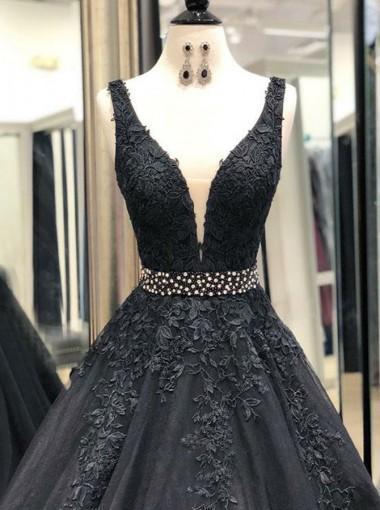 V-neck Black Lace Beaded A-line Long Evening Prom Dresses, Cheap Custom Sweet 16 Dresses, 18553