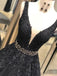 V-neck Black Lace Beaded A-line Long Evening Prom Dresses, Cheap Custom Sweet 16 Dresses, 18553