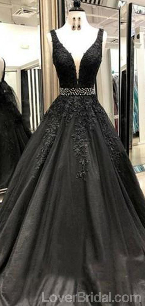 V-neck Black Lace Beaded A-line Long Evening Prom Dresses, Cheap Custom Sweet 16 Dresses, 18553