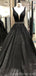 V-neck Black Lace Beaded A-line Long Evening Prom Dresses, Cheap Custom Sweet 16 Dresses, 18553