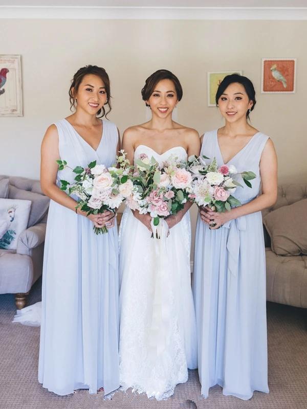 V Neck Blue Chiffon Cheap Long Cheap Bridesmaid Dresses Online, WG673