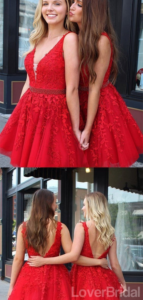 V Neck Bright Red Short Cheap Homecoming Dresses Online, CM826