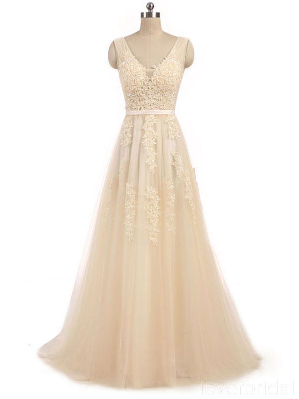 V Neck Champagne See Through Cheap Wedding Dresses Online, Cheap Bridal Dresses, WD494