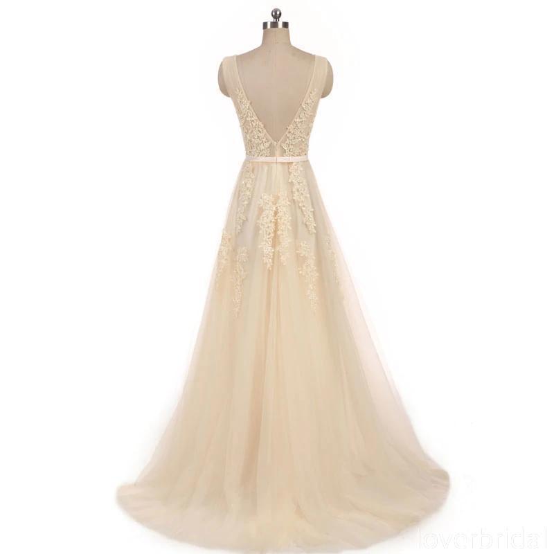 V Neck Champagne See Through Cheap Wedding Dresses Online, Cheap Bridal Dresses, WD494