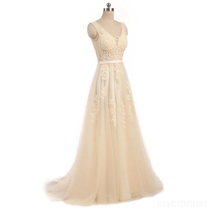 V Neck Champagne See Through Cheap Wedding Dresses Online, Cheap Bridal Dresses, WD494