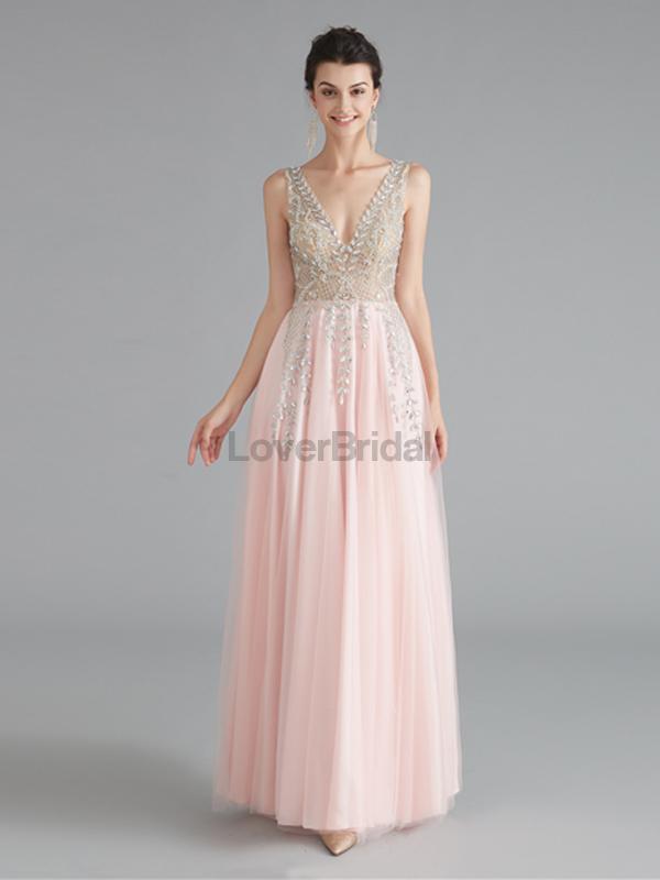 V Neck Chiffon Heavily Beaded Pink Evening Prom Dresses, Evening Party Prom Dresses, 12122