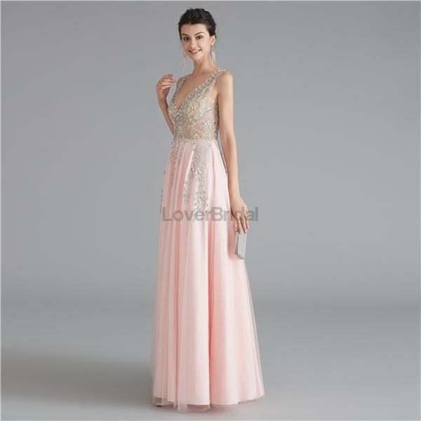 V Neck Chiffon Heavily Beaded Pink Evening Prom Dresses, Evening Party Prom Dresses, 12122